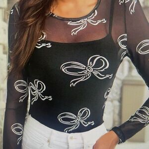 Black Sheer Bow Print Top